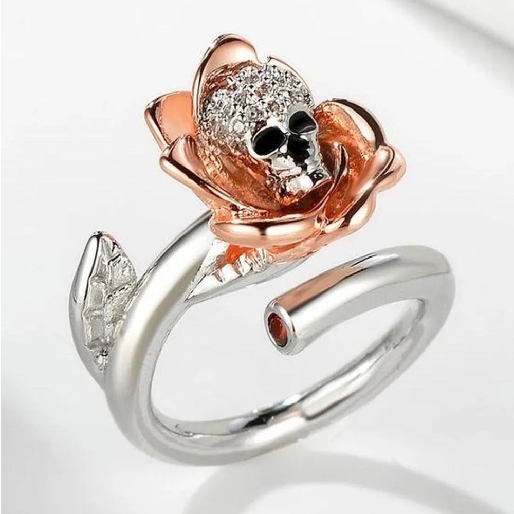 Rose Gold and Silver Skull Flower Ring